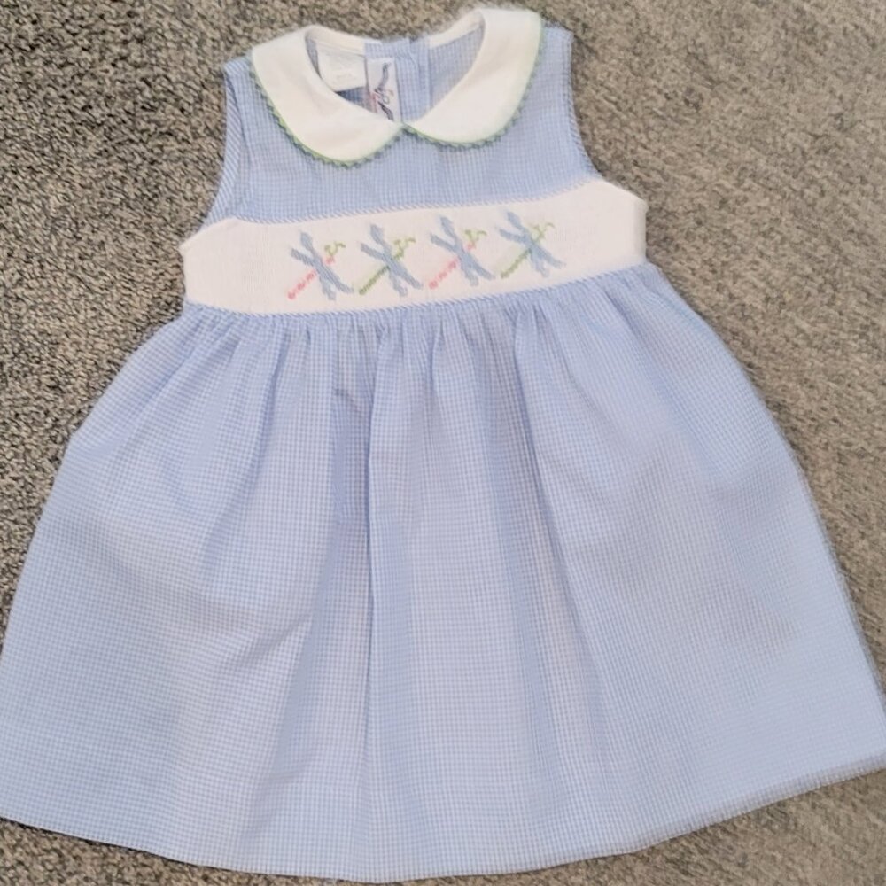 Silly Goose Blue White Gingham Dress with Fireflies 18 months